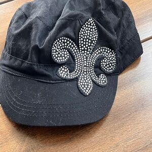 Black Cap with Rhinestone Fleur-de-Lis